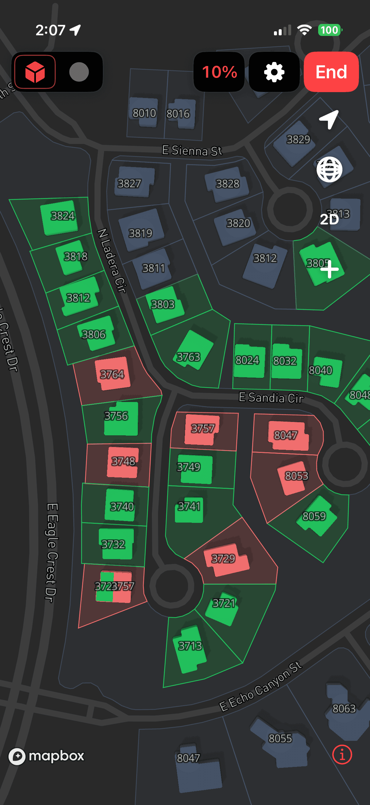 WolfGrid iPhone campaign map with numbered homes, property outlines, and green and red door results